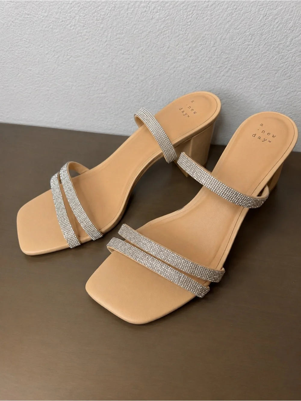 NWT 9.5 A New Day Nude Crystal-Strap Block Heel Sandals